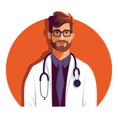 Vector illustration flat vector icon male avatar doctor in a bathrobe, glasses and with a stethoscope on an orange background, holiday medical worker's day, medicine, health