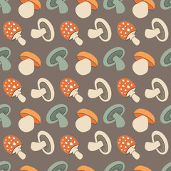 Autumn seamless pattern with different mushrooms on a dark background. Design for fabric, packaging, background. Vector image