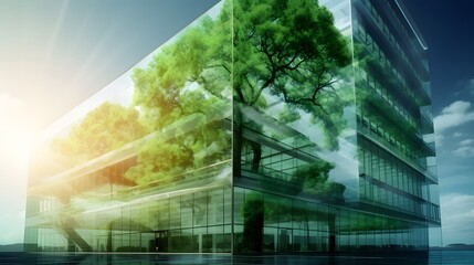 Eco-friendly building. Sustainable glass office building with tree for reducing carbon dioxide. Office with green environment.