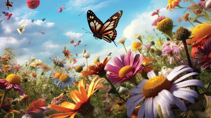 Vivid Spring Meadow. A Colorful Symphony of Flying Insects in Nature's Abundance