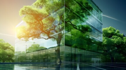 Obraz na płótnie Canvas Eco-friendly building. Sustainable glass office building with tree for reducing carbon dioxide. Office with green environment.