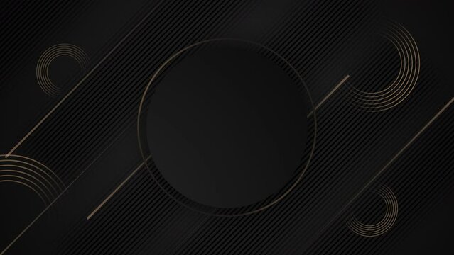 4k Black golden luxury circular seamless looped animated pattern. 3d circle lines ring. Deluxe design. Minimal modern animation. Friday sale frame. Elegant dark grey diagonal striped blank background