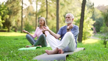 Active married old senior couple meditating barefoot with eyes closed sitting on a mat in lotus position in an urban city park. Mature gray haired retired wife and husband doing yoga outside in nature - Powered by Adobe