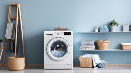 Interior of modern laundry room with washing machine, basket and towels - obrazy, fototapety, plakaty