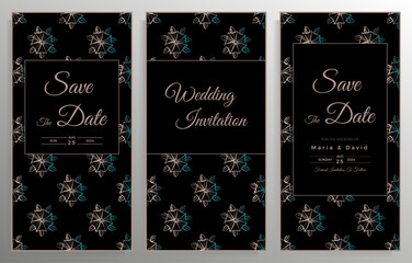 Wedding invitation design. Set of elegant card templates with graphic floral patterns. Vector illustration.