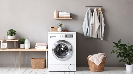 Interior of modern laundry room with washing machine, basket and towels - obrazy, fototapety, plakaty
