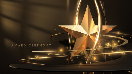 3d gold star with black ribbon elements and sunlight breaks through the back window with bokeh decorations. Luxury award ceremony background.