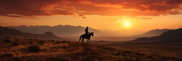 Foto op Plexiglas Warm oranje landscape, Bold cowboy silhouette on horseback