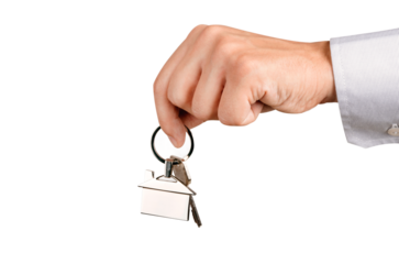 Man holding house keys with house shaped keychain