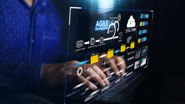 devops engineer software development IT operation work with agile development gestures as programer concept with the agile icon computer screen project manager operation sysadmin typing on keyboard