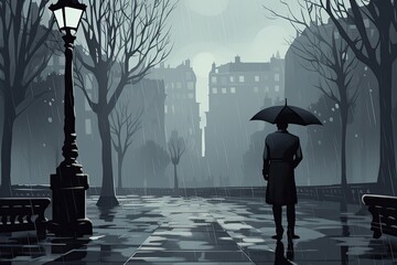 person with umbrella on rainy day in the city illustration