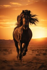 landscape, The powerful silhouette of a wild horse running across