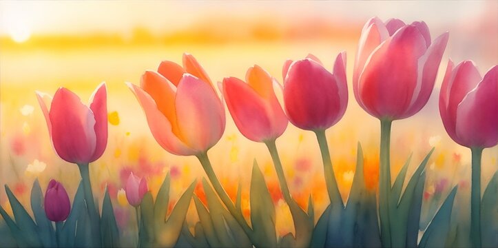 Beautiful tulips flowers. Watercolor. Ai generated illustration