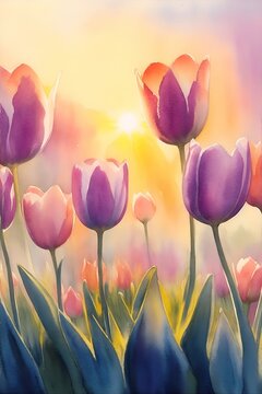 Fototapeta Beautiful tulips flowers. Watercolor. Ai generated illustration