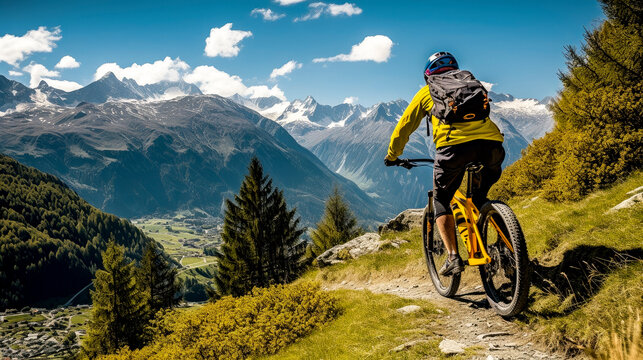 man riding a mountain bike on a mountain trail on a sunny day