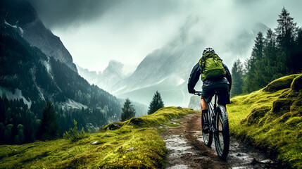 Fototapeta na wymiar man riding a mountain bike on a mountain trail on a cloudy day
