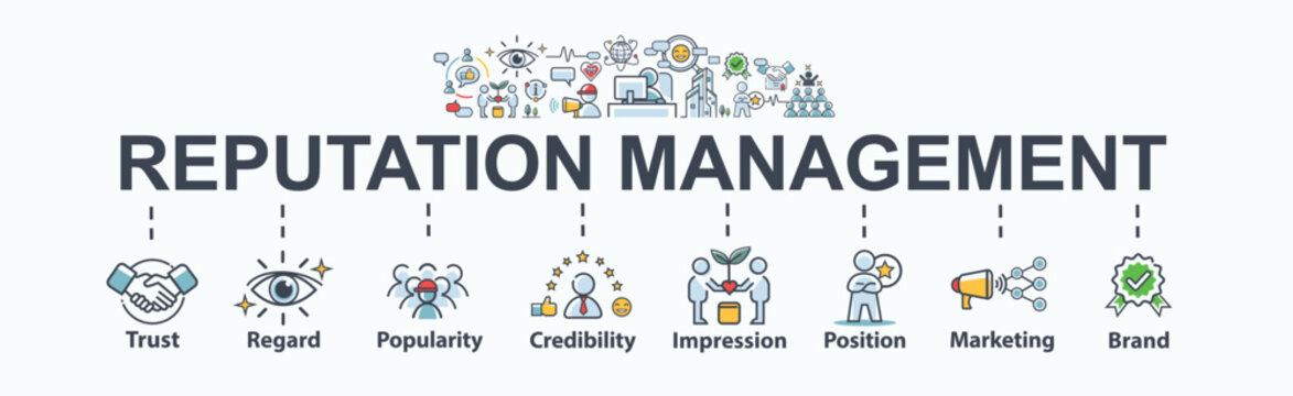 Reputation management banner web icon for business and personal branding, trust, regard, popularity, credibility, impression, position, marketing and brand. Minimal vector infographic.