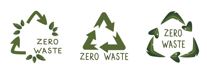 Zero waste labels. Green eco friendly label, reduce waste and recycle icon with plant leaves vector set. No plastic ecological protection logo with green recycling arrows signs