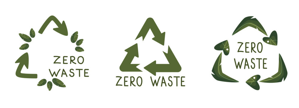 Zero waste labels. Green eco friendly label, reduce waste and recycle icon with plant leaves vector set. No plastic ecological protection logo with green recycling arrows signs