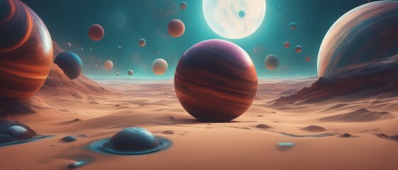 Abstract image of a large number of planets located on the desert surface and in outer space, a large luminous satellite, wallpaper - obrazy, fototapety, plakaty