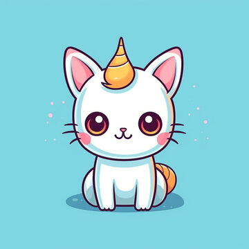 Cute cat with unicorn horn, kawaii caticorn