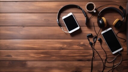 On a brown wooden table, there is a smartphone with headphones and a coffee cup. view from the top.