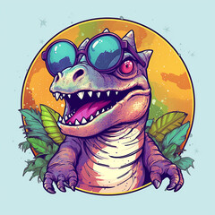Watercolor funny baby dinosaur wearing sunglasses