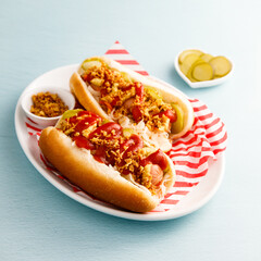 Traditional hot dogs with pickles