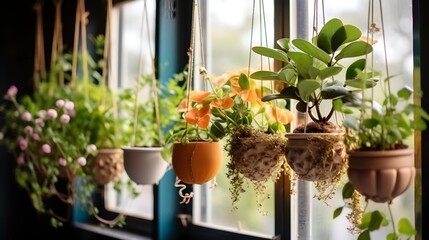 Flowerpots hanging on window sill