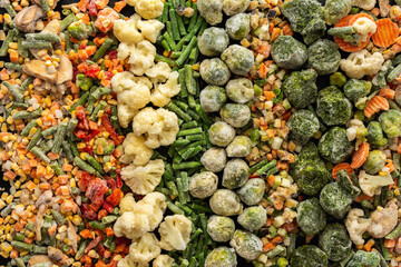 Frozen vegetable mix, frozen green beans and broccoli, corn and carrots, brussels sprouts and cauliflower, peas and bell peppers, eggplant and zucchini, top view