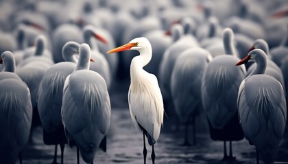 Obraz premium Standing Out from the Crowd - White Bird Standing Between Many other