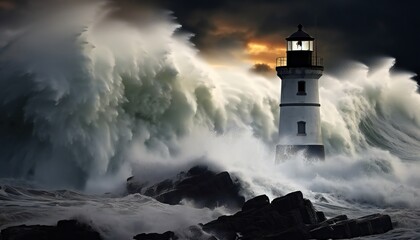 Fototapeta na wymiar Storm with Big Waves over the Lighthouse at the Ocean