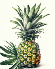 A vector graphic of a pineapple on a white background with a few tropical leaves