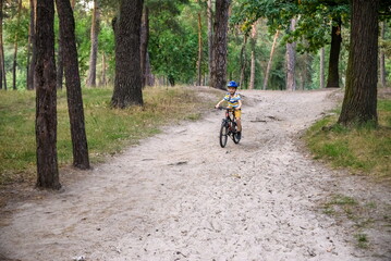 Naklejka premium Cyclist Riding down the sandy Hill on the Offroad Trail