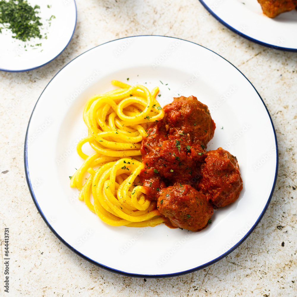 Poster spaghetti with meatballs and tomato sauce