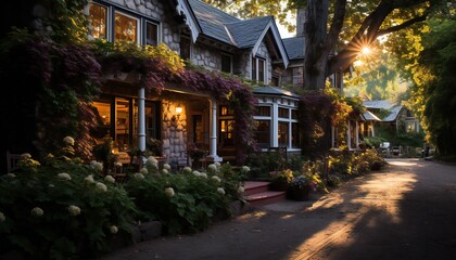 Sunrise on beautiful street with flowers