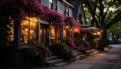 Sunrise on beautiful street with flowers