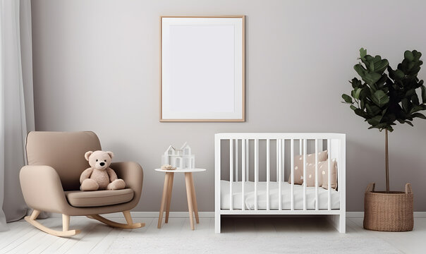 mockup cadre photo avec contour bois accroch&eacute; &agrave; un mur de chambre de b&eacute;b&eacute;