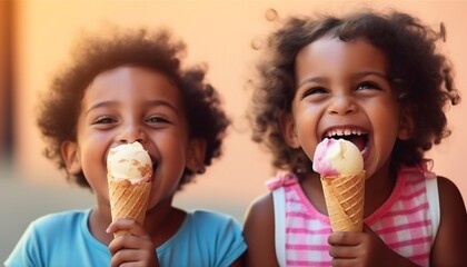 Two Happy Dark-Skinned Children Eating Ice Cream