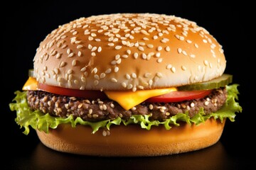 Delicious cheeseburger with lettuce, tomato and sesame seed bun on black background