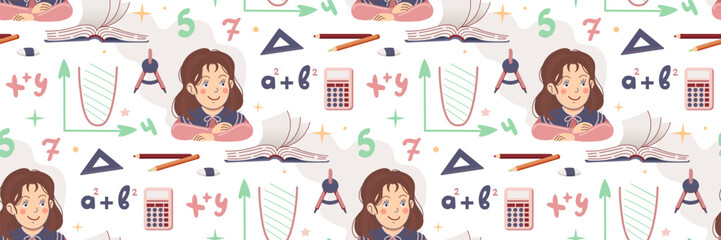 School vector seamless pattern. Happy girl. School stationery and different decoration elements. Back to school Flat illustration.