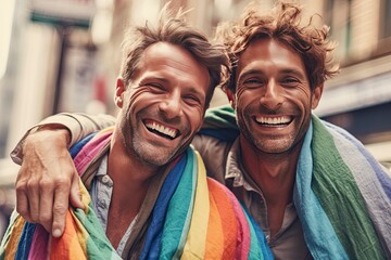 Male couple kissing behind a rainbow flag. Young male couple kissing at the pride festival. Lovely gays couple having fun at the LGBTQI parade. Young adult men couple at pride parade. - obrazy, fototapety, plakaty