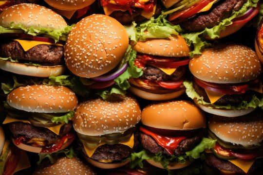 Delicious burgers and tasty cheeseburgers with lettuce, tomato, onion, cheesse and sesame seed buns. Fast food background.
