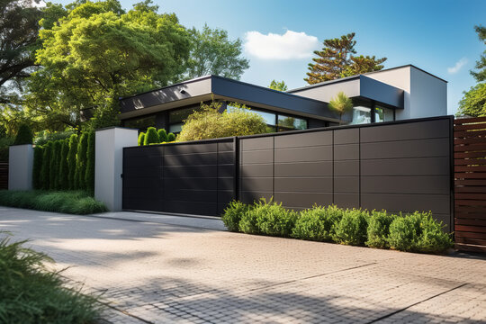 Exterior modern panel fence with gate minimalism design. Property protection, house outdoors