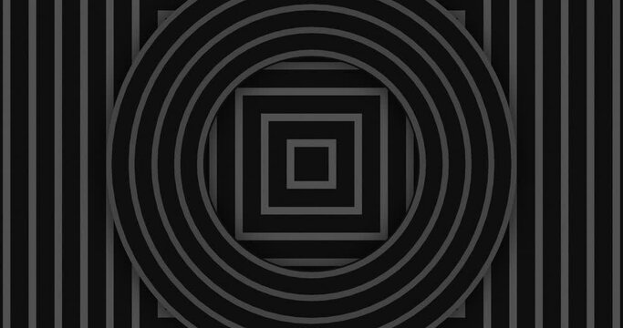 Seamless looped Abstract black color geometric shape background. Growing squares radiowave beneath a circular radiowave background. Flat animated hypnotic design motion graphics background