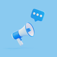 Cartoon megaphone with notification speech bubble on blue background. Loudspeaker or bullhorn in minimal style. 3D render illustration