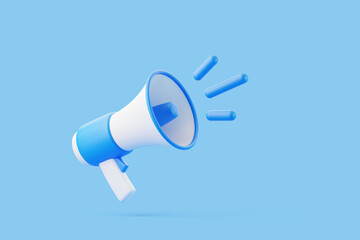 Cartoon megaphones on blue background. Loudspeaker or bullhorn in minimal style. 3D render illustration