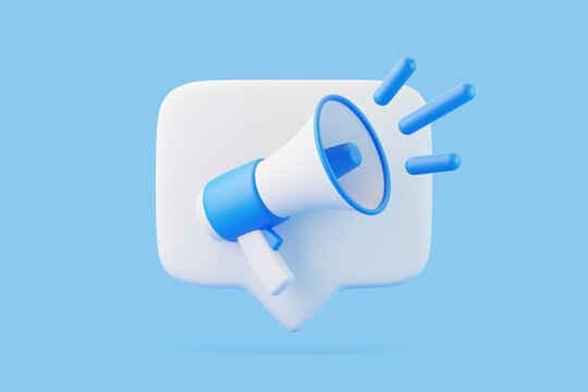 Cartoon megaphone with notification speech bubble on blue background. Loudspeaker or bullhorn in minimal style. 3D render illustration