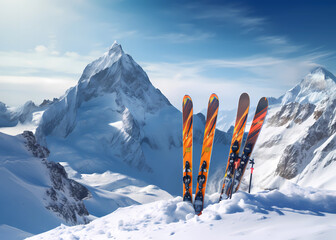 Ski im Schnee vor verschneiter Bergkulisse in den Alpen, erstellt mit generativer KI - 644415193