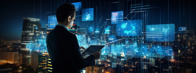 Fototapeta premium Businessman using a tablet connected to the global network. Generative Ai